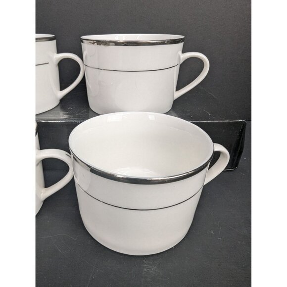 HausenWare White Porcelain Flat Coffee/Tea Cup 8 Oz Silver Rim Set of 4 - Picture 3 of 9